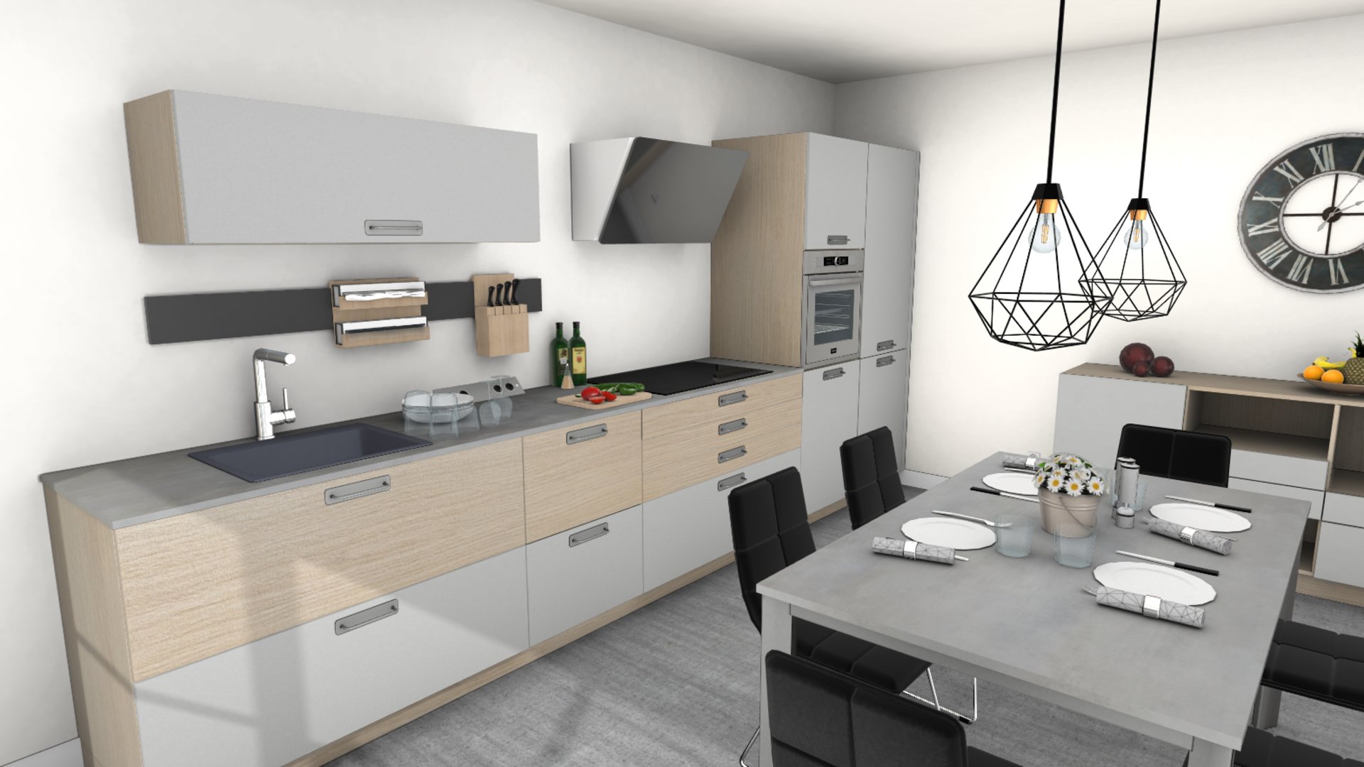 Moderne inbouwkeuken 3D-weergave lineair van 6 tot 10 m² wit hout grijs en bruin